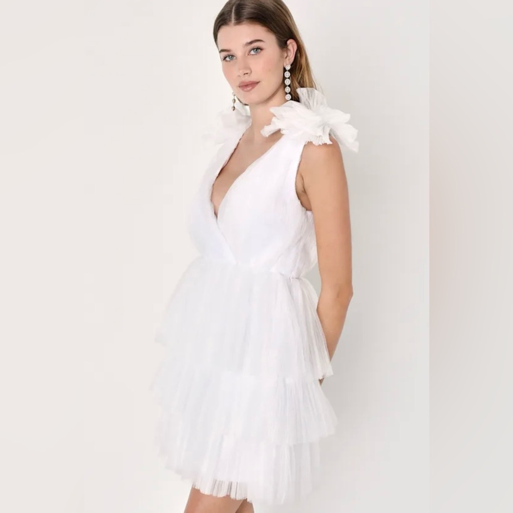 Lulus - Dramatic Arrival White Tulle Tiered Mini Dress - NWT - Size S - Picture 2 of 9